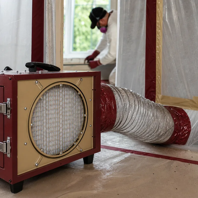 HEPA air scrubber with flexible ducting beside a sealed contained work zone