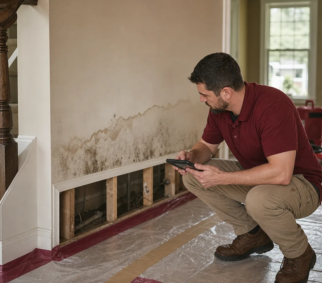 Contractor assessing a visible water line on drywall in a Columbus-area home with protective floor coverings