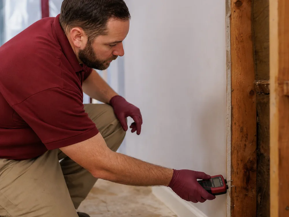 Contractor taking moisture readings along a baseboard and drywall in a partially dried room