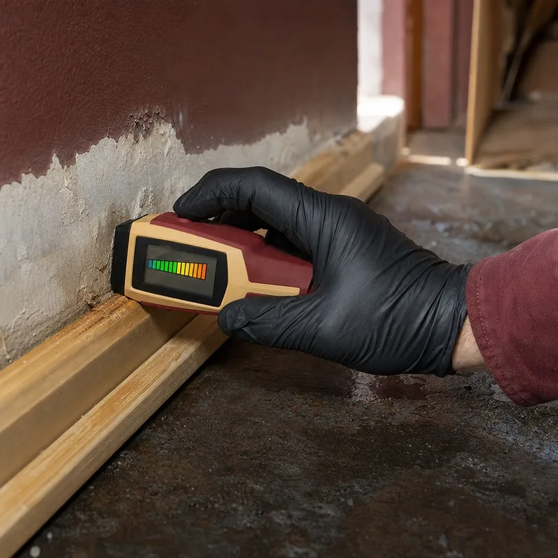 Close-up of a moisture meter reading on a baseboard and lower drywall near a recently wet floor