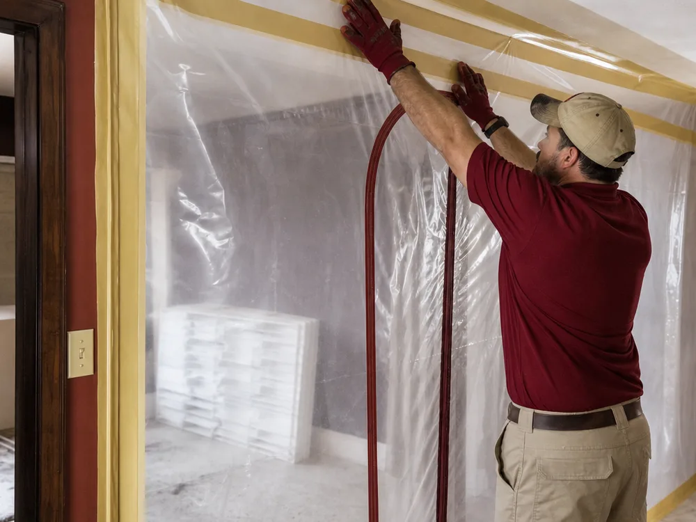 Contractor installing plastic containment with tape and a zipper door around a damp room