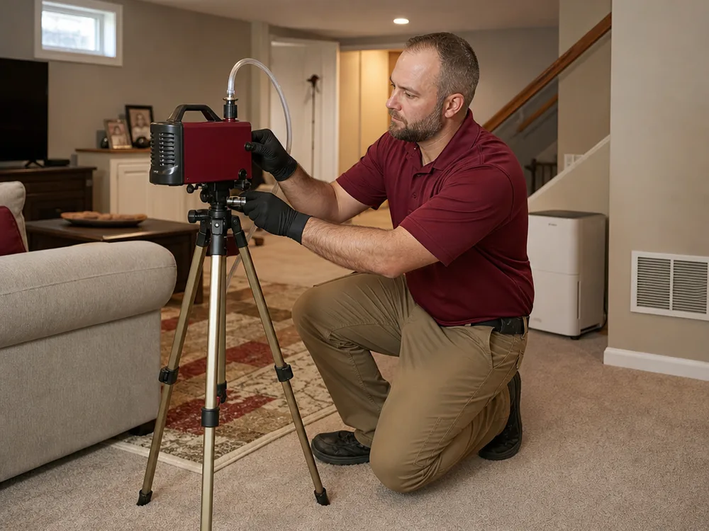 Indoor air sampling pump on a tripod in a finished basement family room