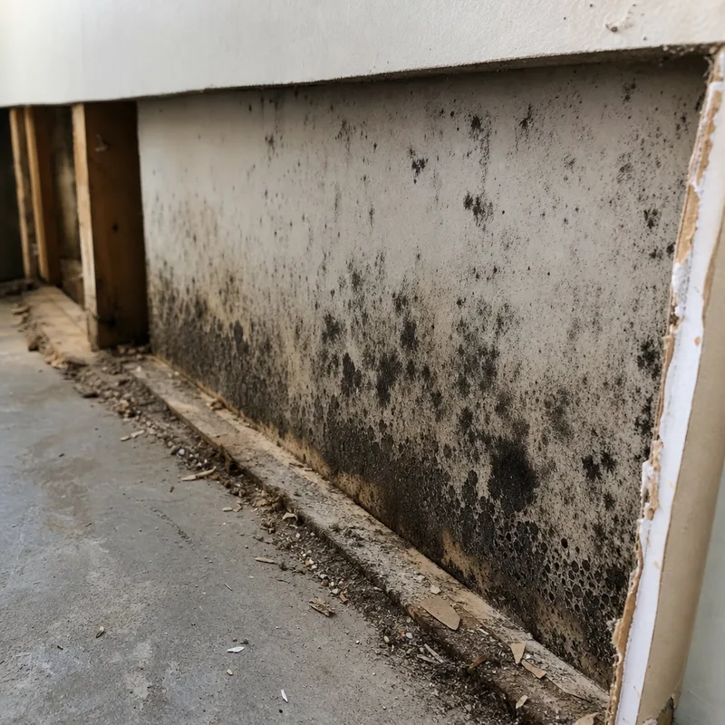 Mold growth behind basement drywall after removal of a baseboard reveals a hidden cavity