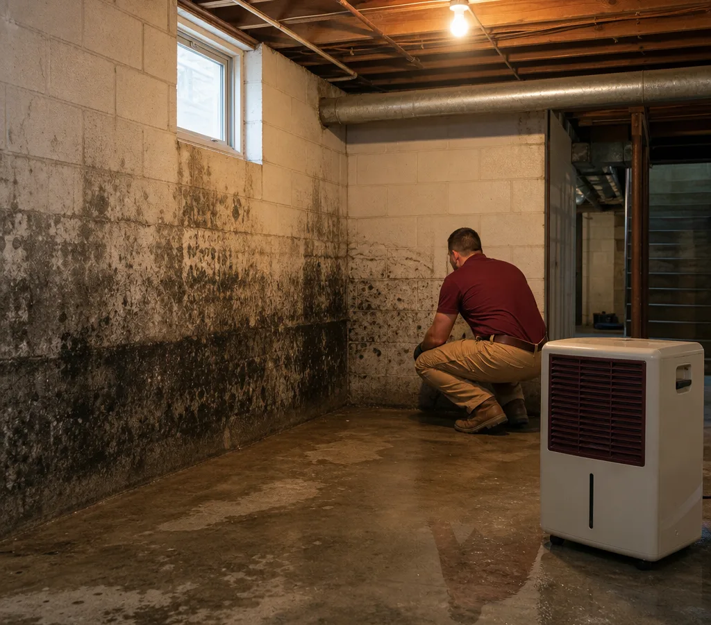 Damp basement corner with mold staining on concrete block and a nearby dehumidifier