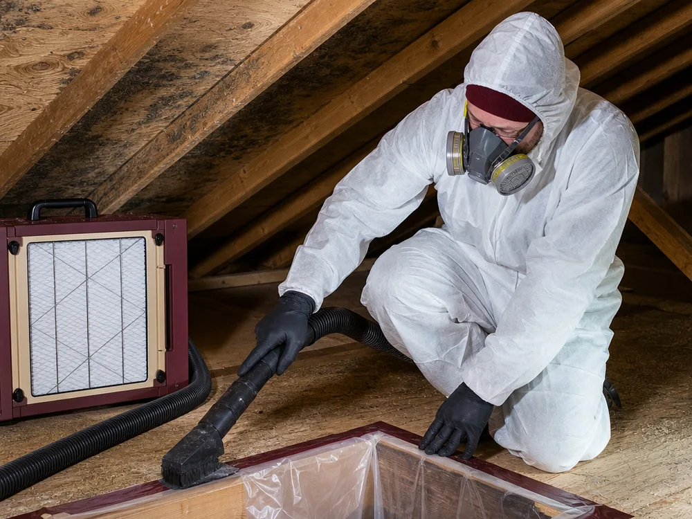 Contractor in protective gear HEPA-vacuuming attic roof sheathing beside an air filtration unit and contained access opening