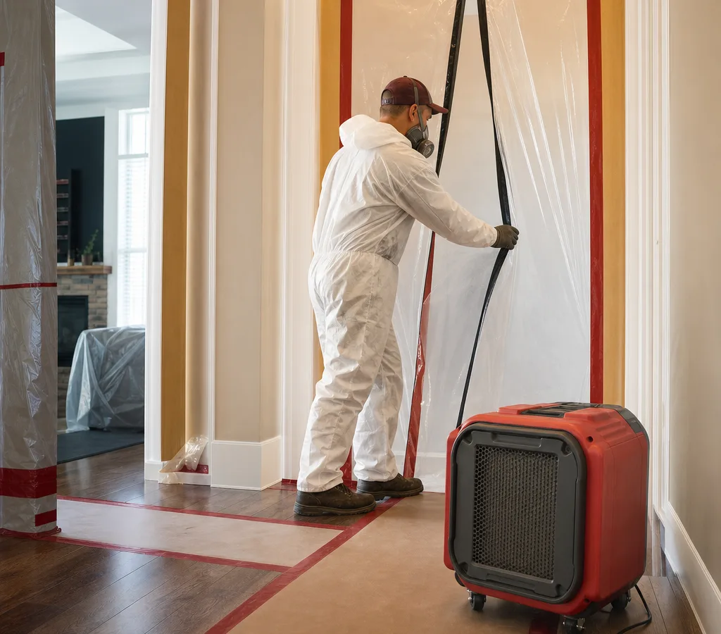 Contractor in protective gear setting up a plastic containment zipper door in a residential hallway with a HEPA air scrubber and taped seams